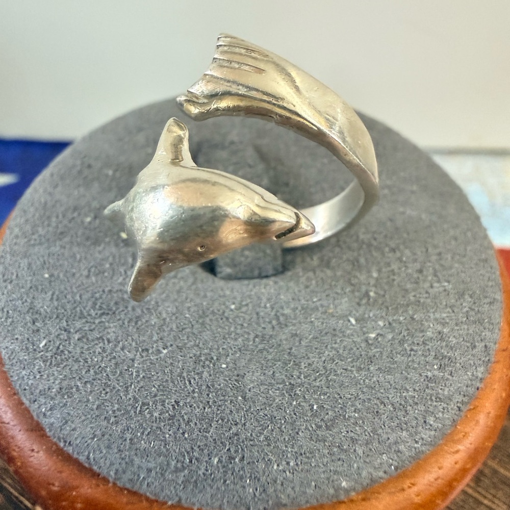 925, Vintage Taxco Mexico Silver Dolphin, Fish Ring, Adjustable Bypass Sz 8